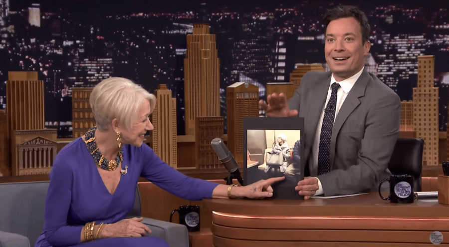 Helen Mirren pointing out the Spreader to Jimmy Fallon