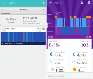 Sleep summary, Fitbit on the left and Up on the right.