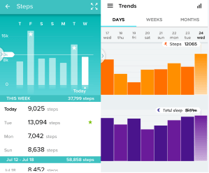 Individual step summary by day, Fitbit on the left and Up on the right. 